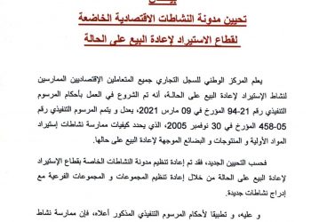 تحيين مدونة النشاطات الاقتصادية الخاضعة لقطاع الاستيراد لإعادة البيع على الحالة